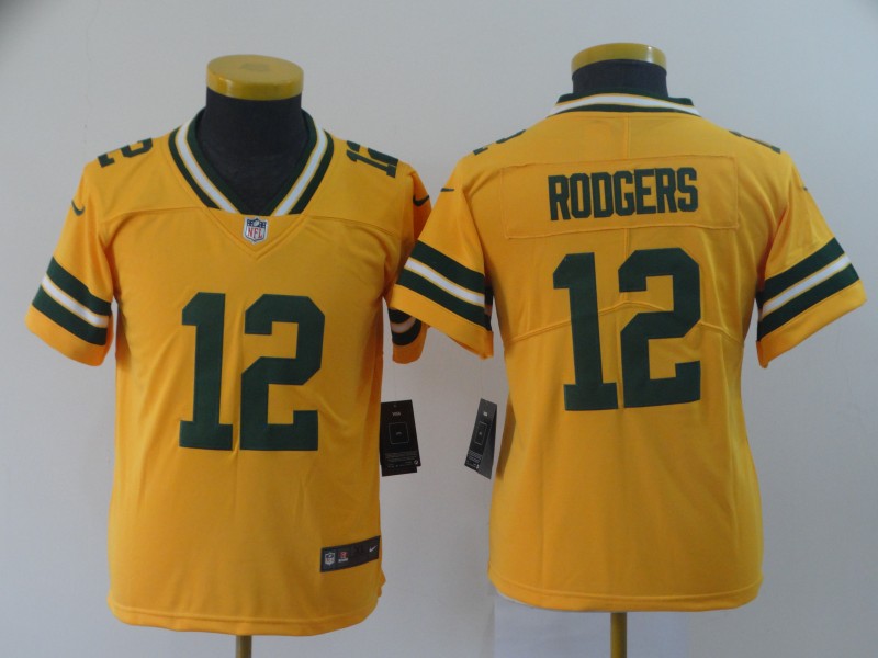Youth Green Bay Packers #12 Rodgers yellow Nike Vapor Untouchable Limited NFL Jerse